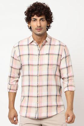 checks cotton regular fit men's casual shirt - light pink