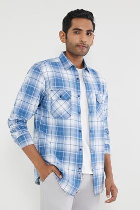 checks cotton regular fit men's casual wear shirt - indigo