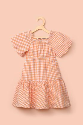 checks cotton round neck girl's casual wear dress - orange