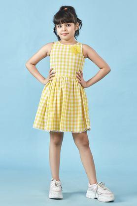 checks cotton round neck girls casual wear dress - yellow