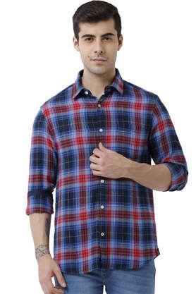 checks cotton slim fit men's casual shirt - blue