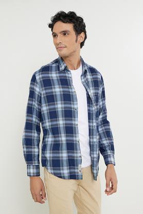 checks cotton slim fit men's casual shirt - navy