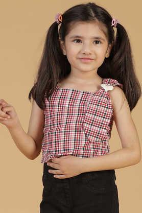 checks cotton square neck girls top - red