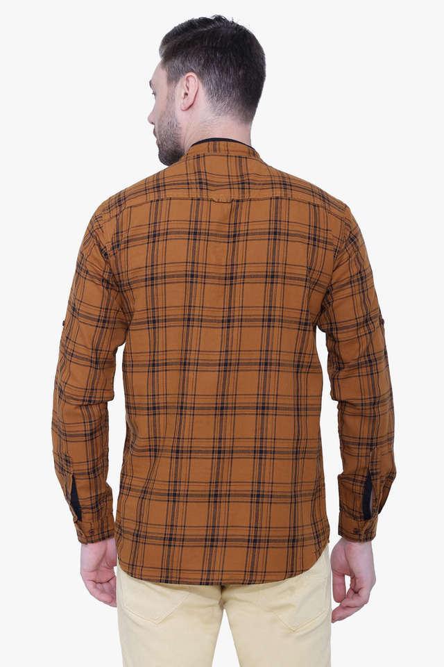 checks cotton tapered fit men's casual kurta - brown