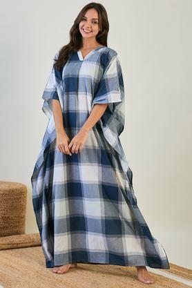 checks cotton v-neck women's kaftan - blue