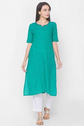 checks cotton v neck women's kurta - green