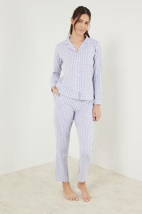 checks cotton woven women's top & pyjama set - powder blue