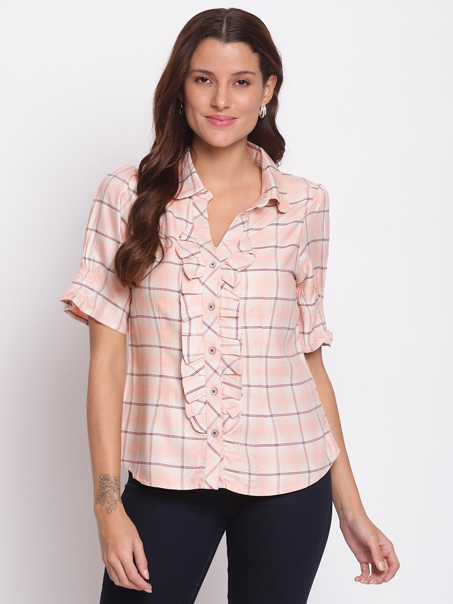 checks half sleeve casual shirt peach