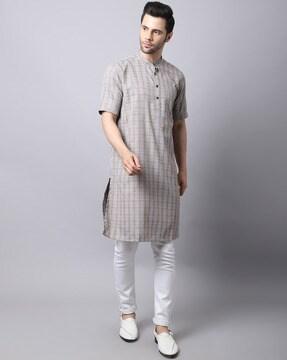 checks long kurta with mandarin collar