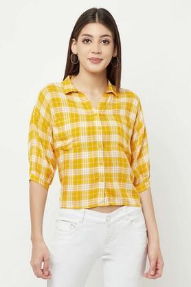 checks lyocell collar neck women's casual shirt - yellow
