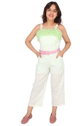 checks net square neck girls casual wear jumpsuit - green