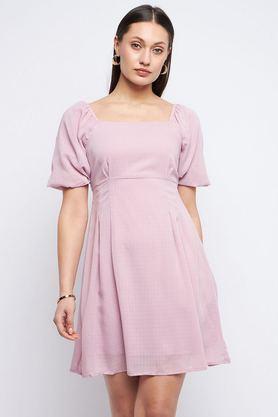 checks off shoulder polyester women's dress - mauve