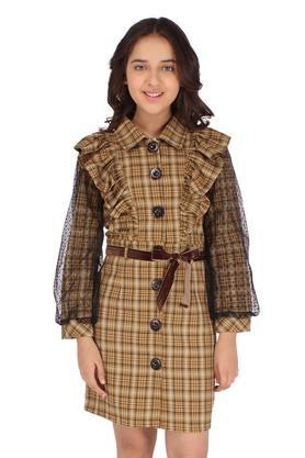 checks polyester blend collar neck girls dress - mustard