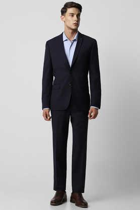 checks polyester blend slim fit men's formal wear suit - navy