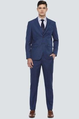 checks polyester blend slim fit mens suit - navy