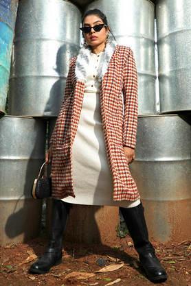 checks polyester collared women's coat - brown