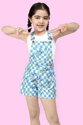 checks polyester girls dungaree shorts with t-shirt set - blue