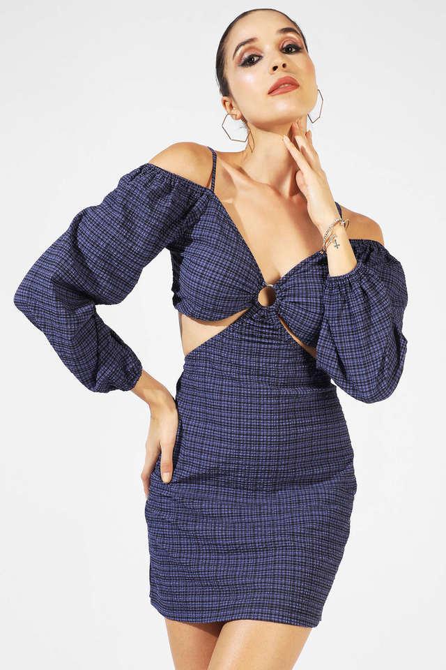 checks polyester off shoulder womens maxi dress