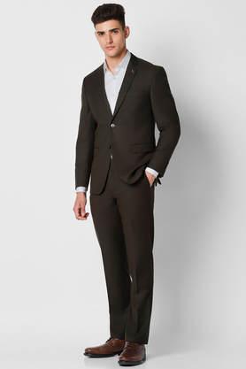 checks polyester slim fit men's festive wear suit - olive