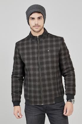checks polyester viscose regular fit men's jacket - brown