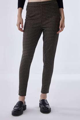 checks regular fit polyester women's casual wear trouser - natural