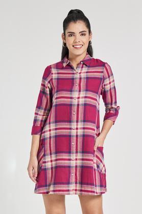 checks round neck blended womens knee length dress - pink