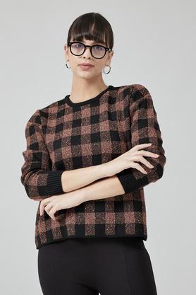 checks round neck polyester women's sweatshirt - black