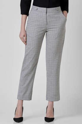 checks straight fit polyester women's formal wear trousers - grey