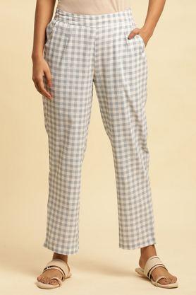 checks straight fit rayon women's casual wear pants - blue