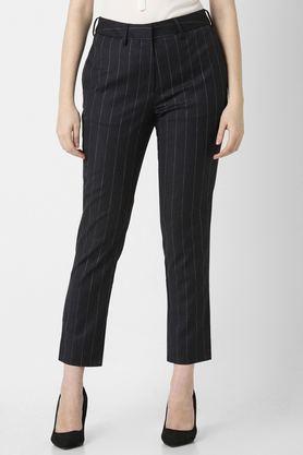 checks tapered fit polyester women's formal wear trousers - black