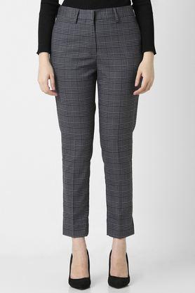 checks tapered fit polyester women's formal wear trousers - grey