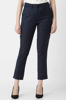 checks tapered fit polyester women's formal wear trousers - navy