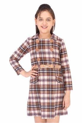 checks tweed collar neck girls shift dress - brown