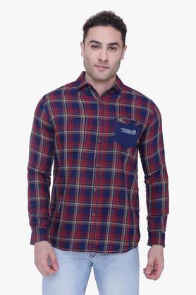 checks twill regular fit men's casual shirt - burgundy