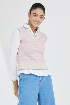 checks v neck acrylic women's pullover - pink
