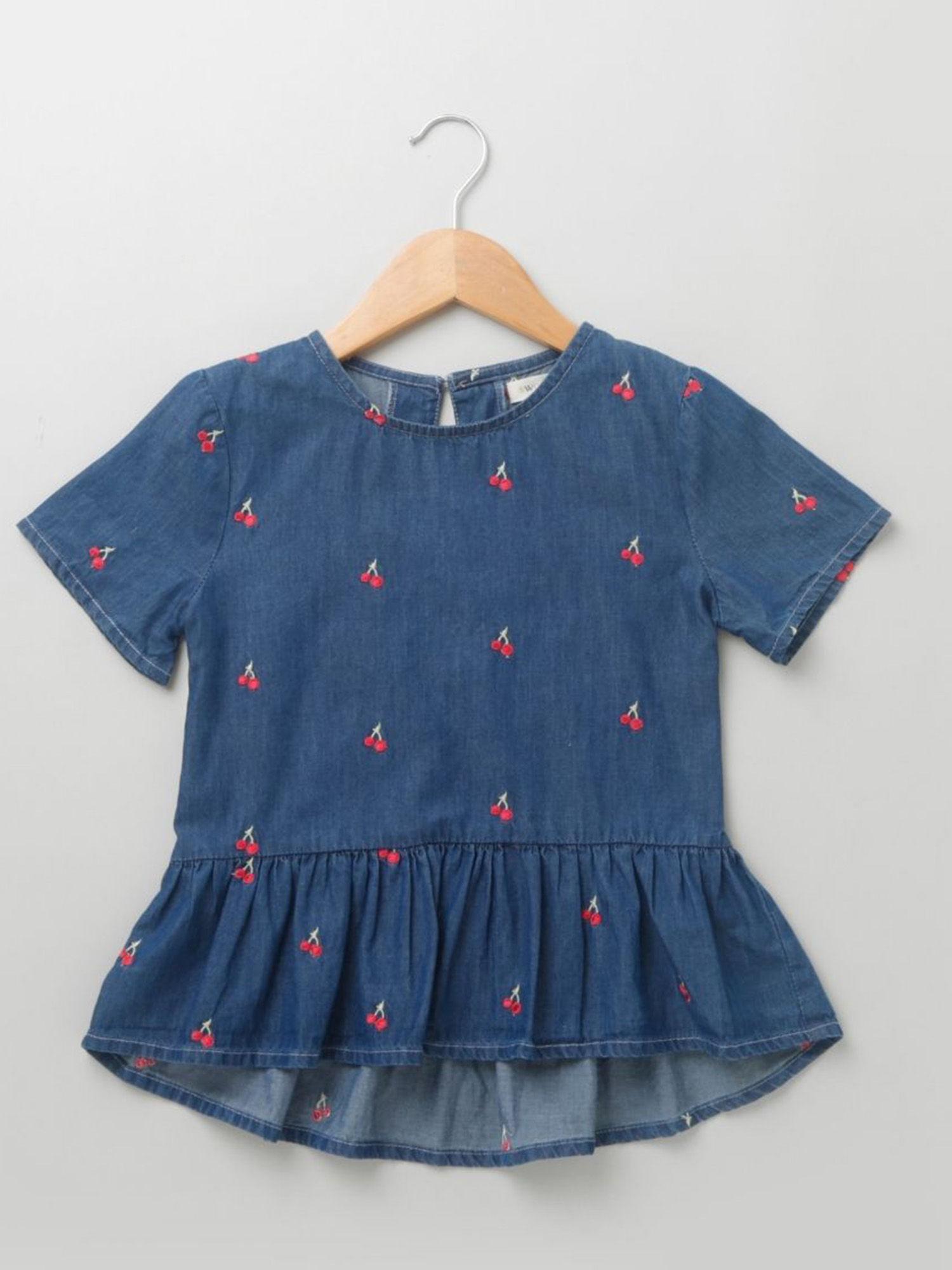 cheery embroidery short sleeves denim top - blue
