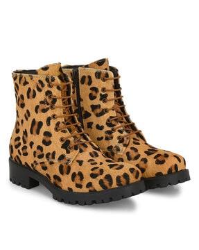 cheetah print ankle-length lace-up boots