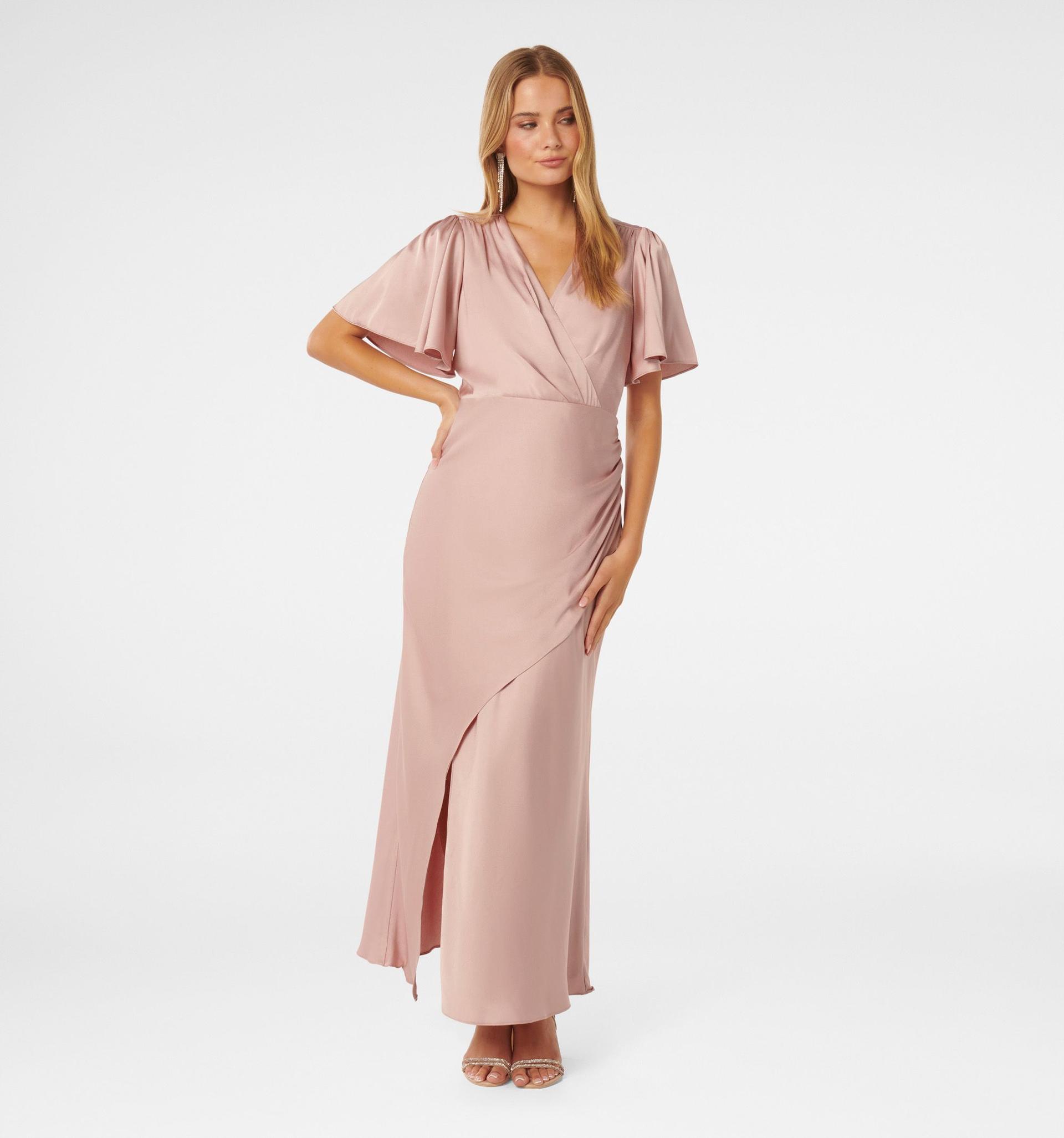 chelsea flutter sleeve satin maxi dress