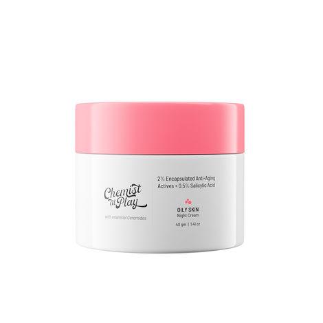 chemist at play night cream for oily skin, for oily & acne-prone skin, controls excess sebum, sulfate free, paraben free, for men and women, 40 gms