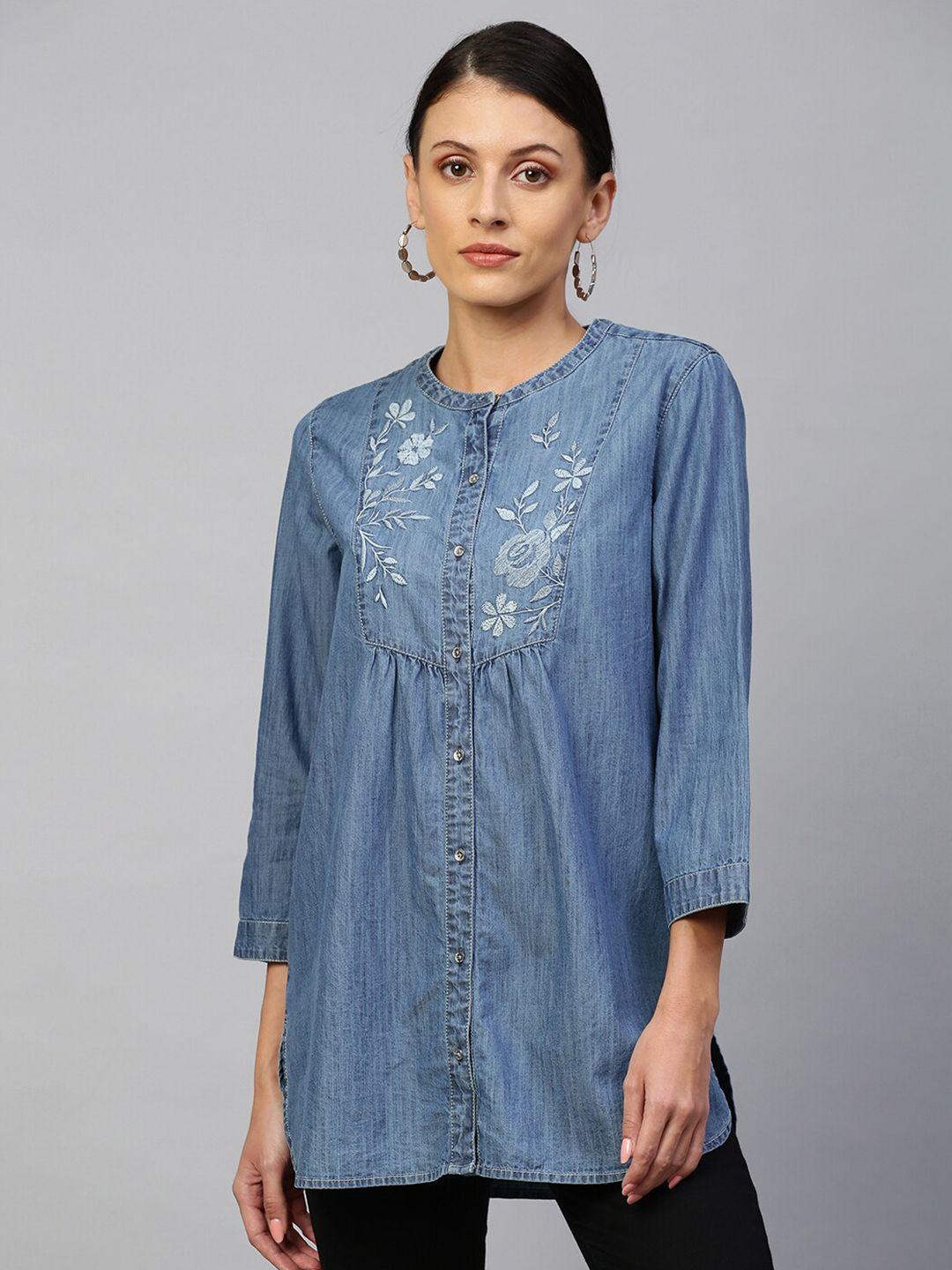 chemistry blue floral embroidered denim shirt style top