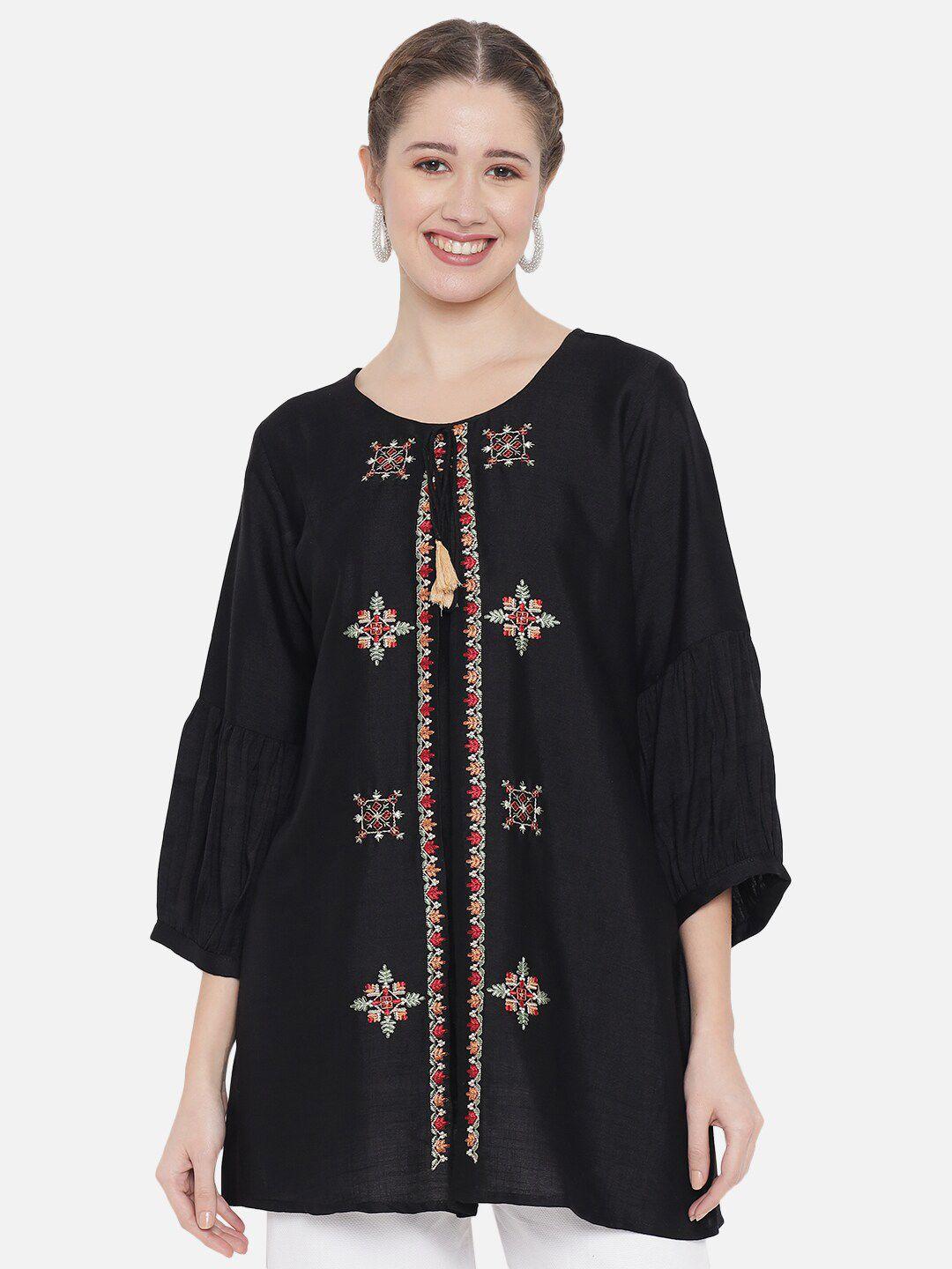 chemistry ethnic motifs embroidered embellished tie-up neck cotton tunic top