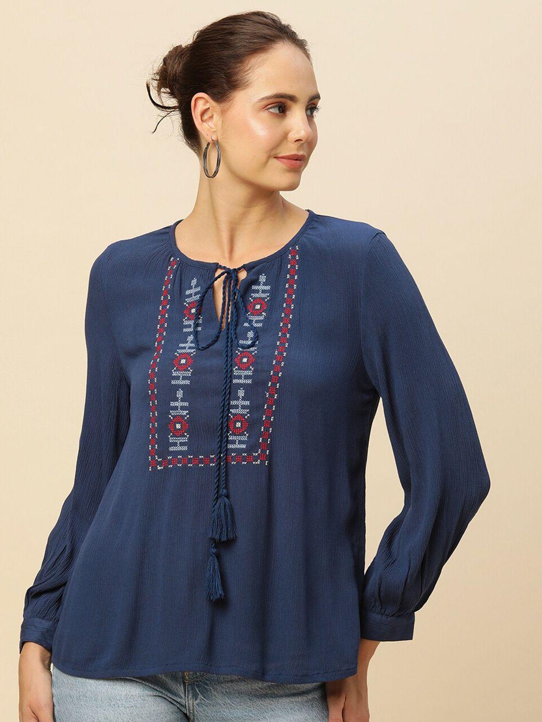 chemistry ethnic motifs embroidered tie-up neck ethnic top