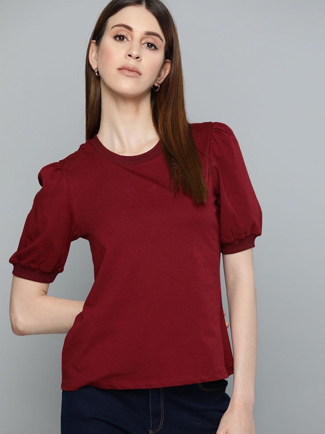 chemistry maroon puff sleeves pure cotton regular top