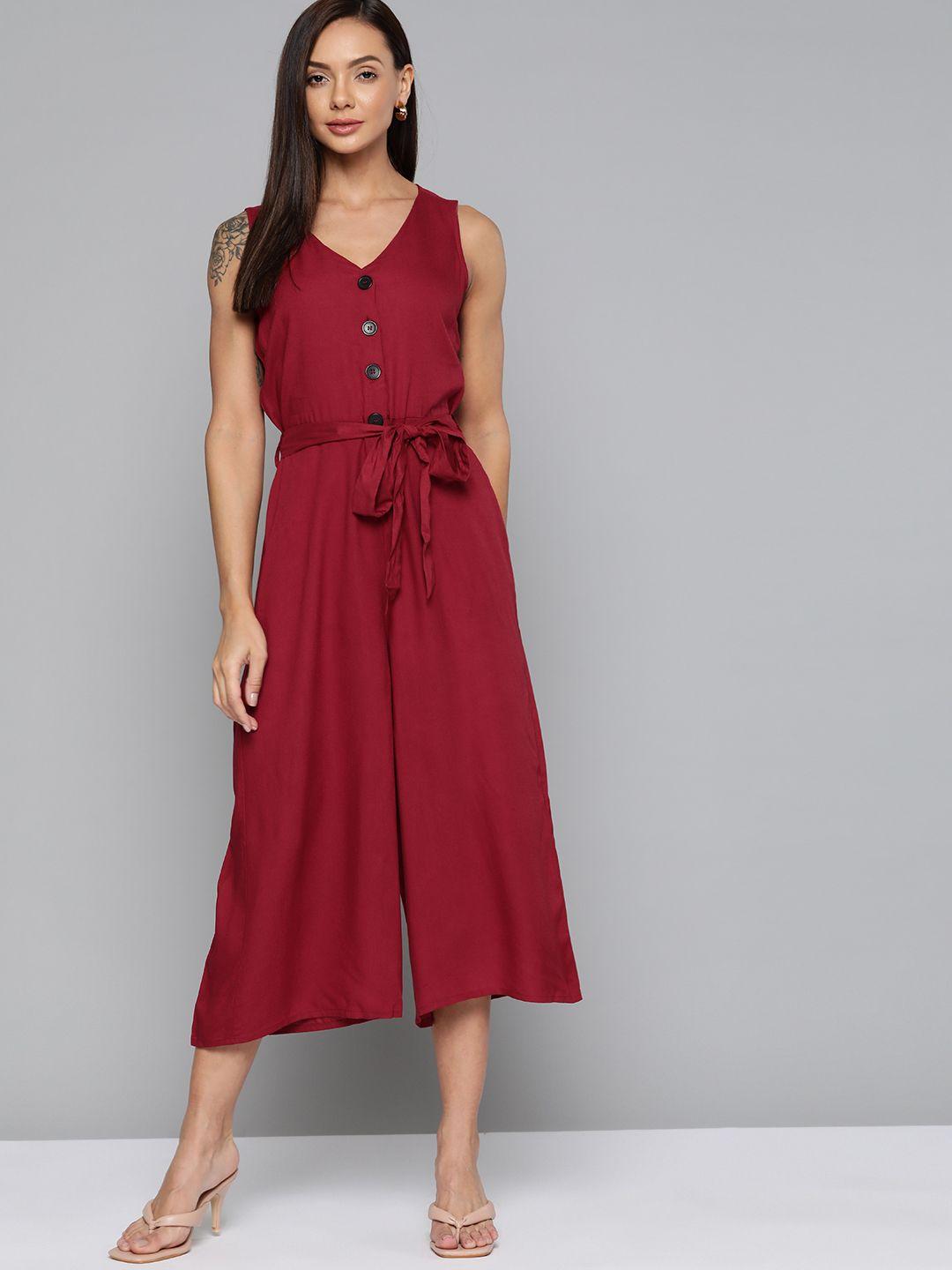 chemistry maroon solid culotte jumpsuit with belt