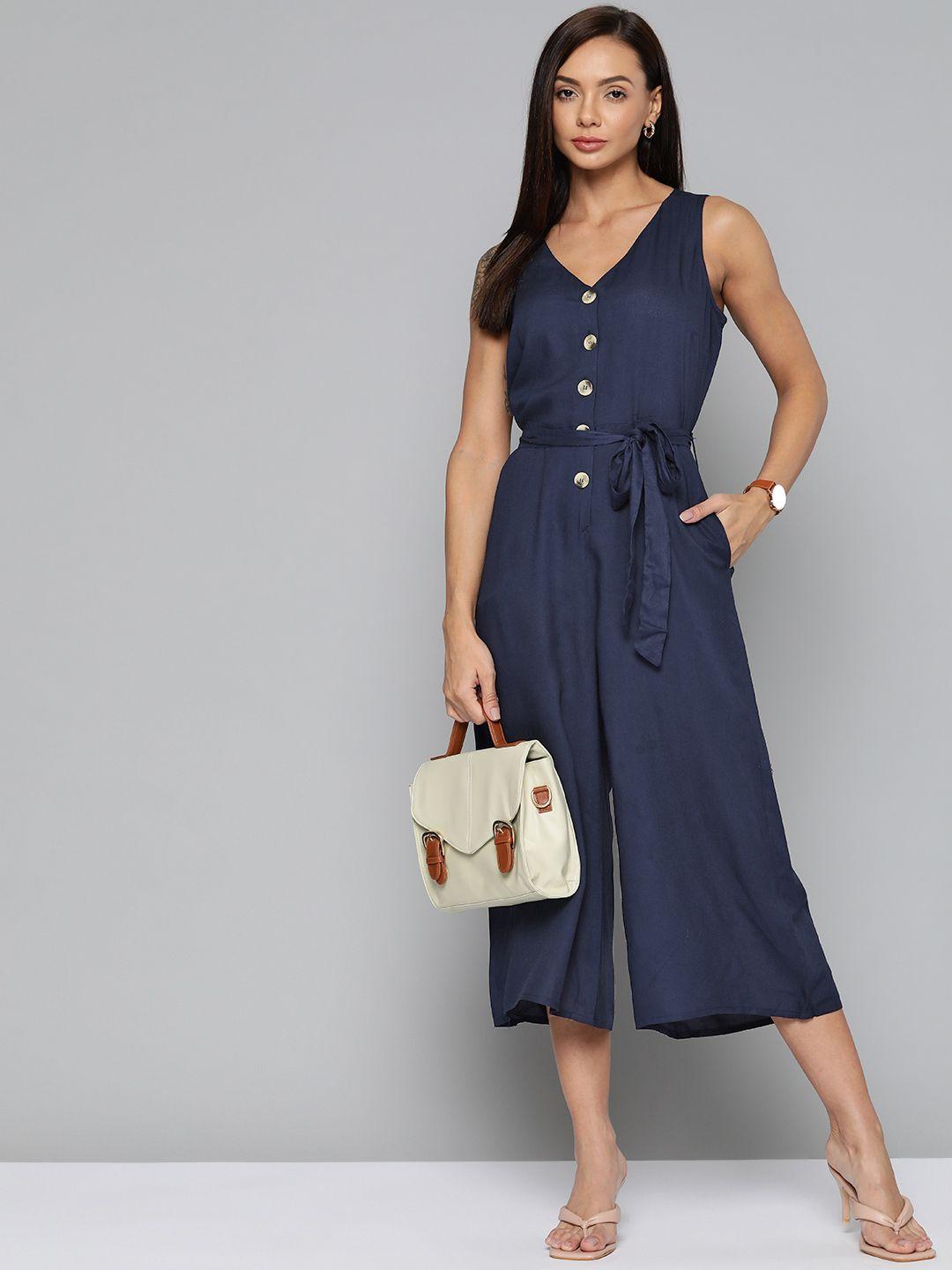 chemistry navy blue solid culotte jumpsuit with belt