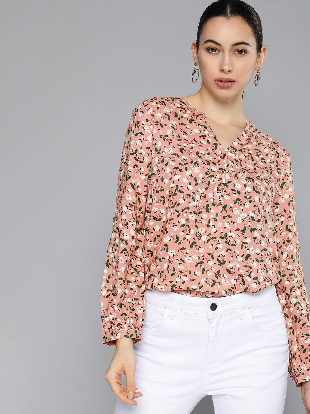 chemistry peach-coloured & white floral printed mandarin collar shirt style top