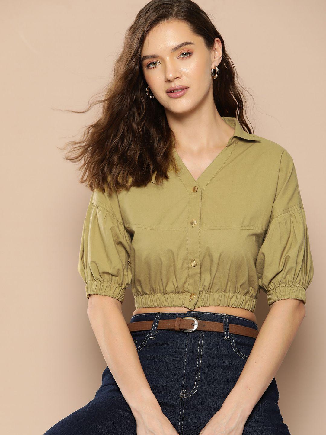 chemistry puff sleeves pure cotton crop casual shirt