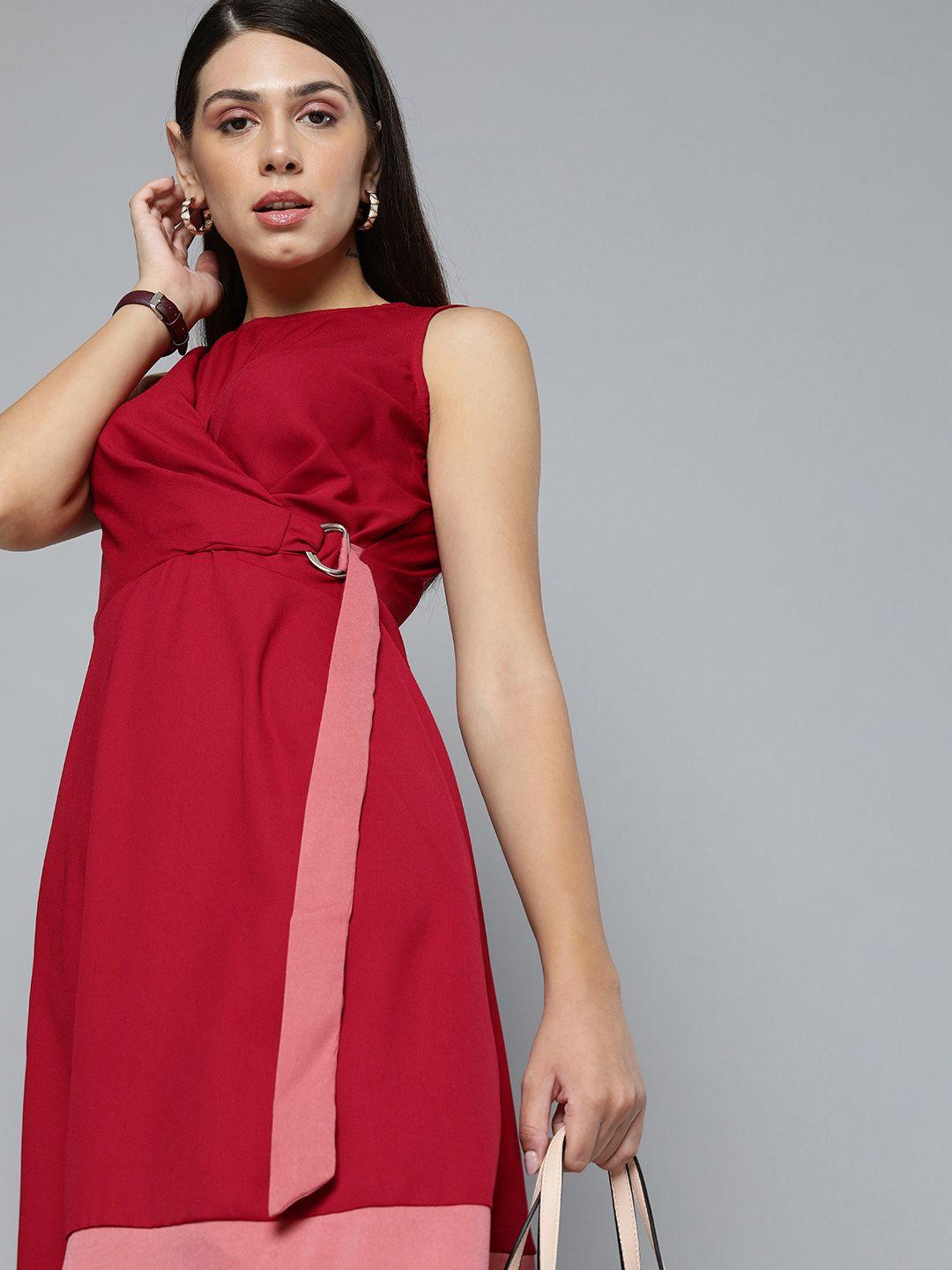 chemistry red colourblocked midi belted detail dress