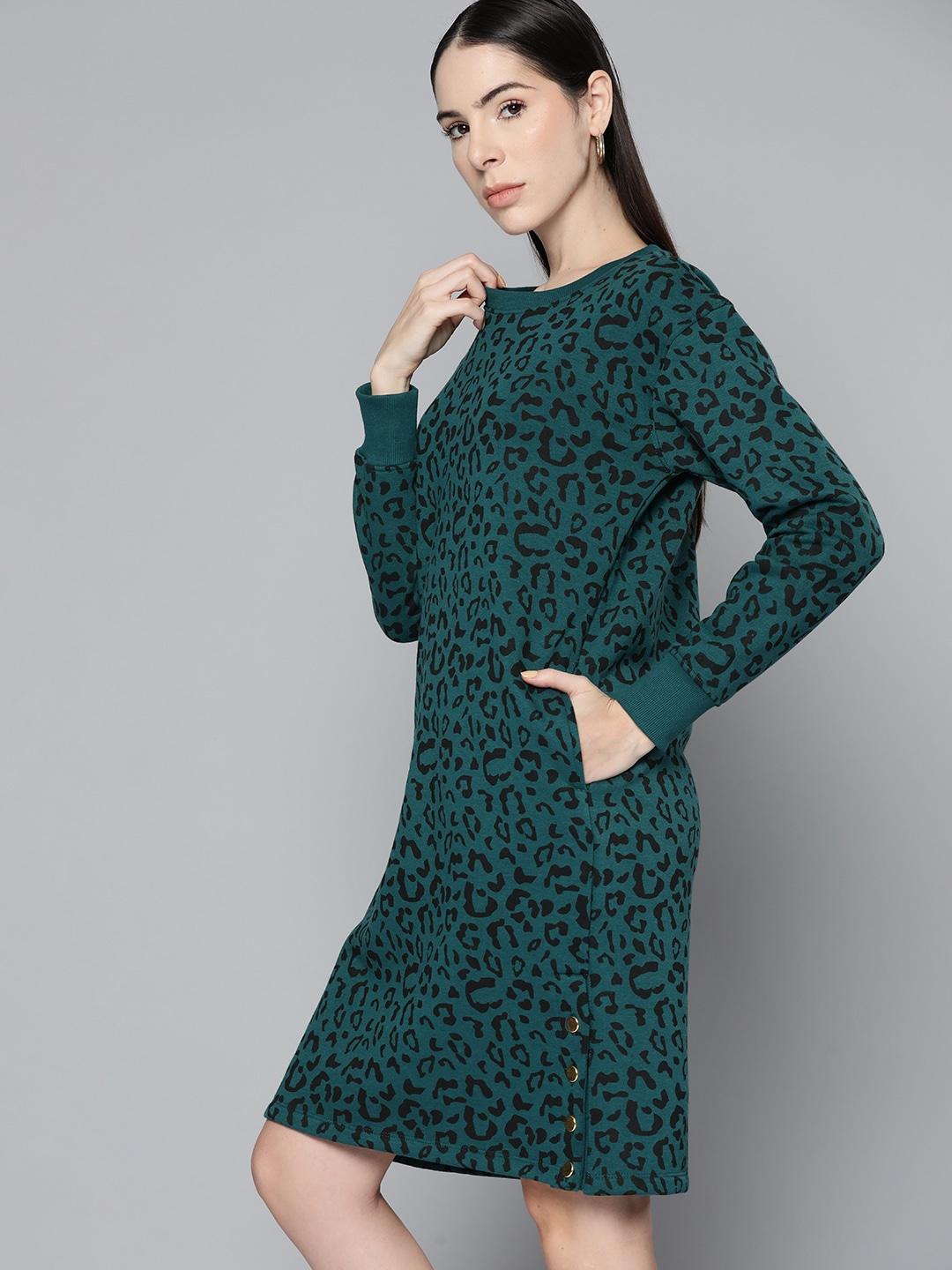 chemistry teal green animal print button detail sweater dress