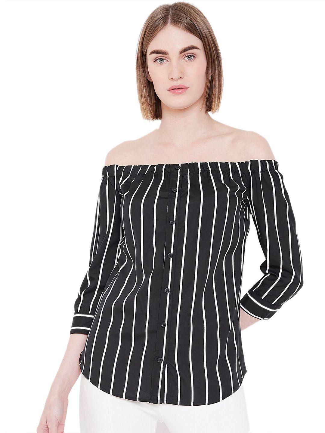 chemistry vertical stripes off-shoulder cuffed sleeves bardot top